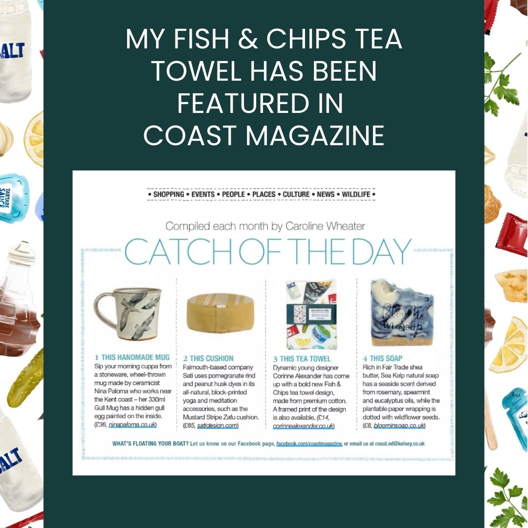 Fish and chips tea towel featured in Coast magazine