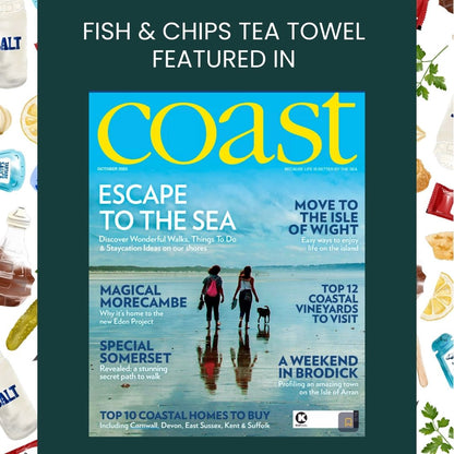 Fish and chips tea towel featured in Coast Magazine