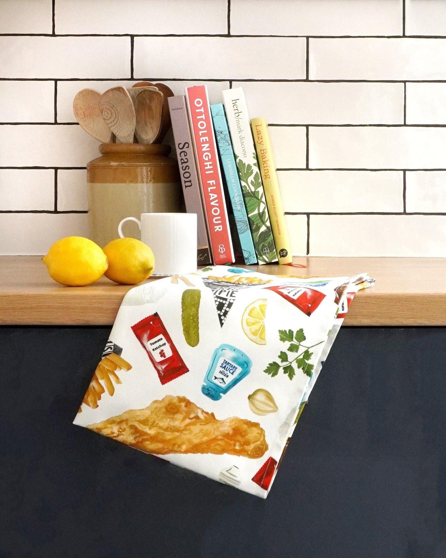 Fun fish and chips tea towel