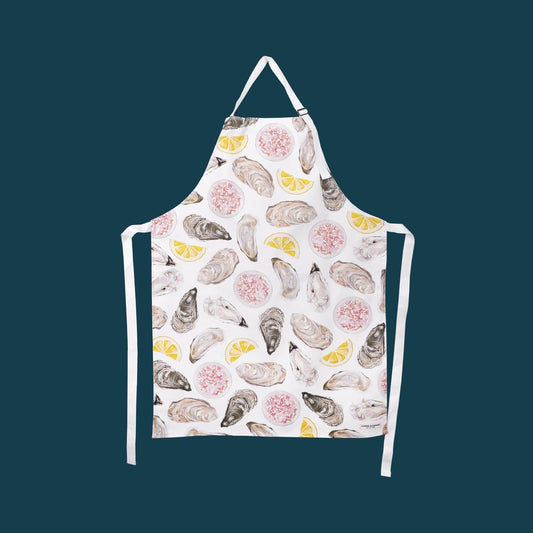 Beautifully illustrated oysters feature on a British made apron