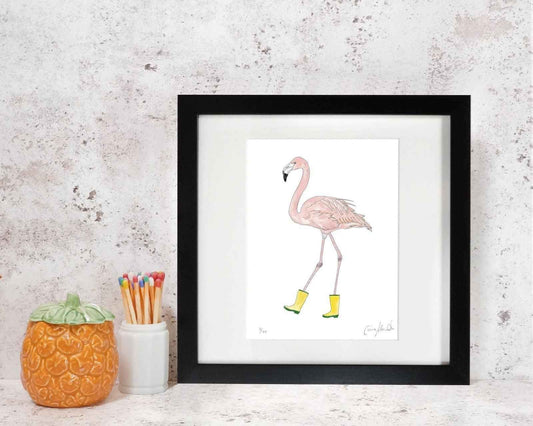 Flamingo in Wellies Print - Nursery Wall Art, British Made