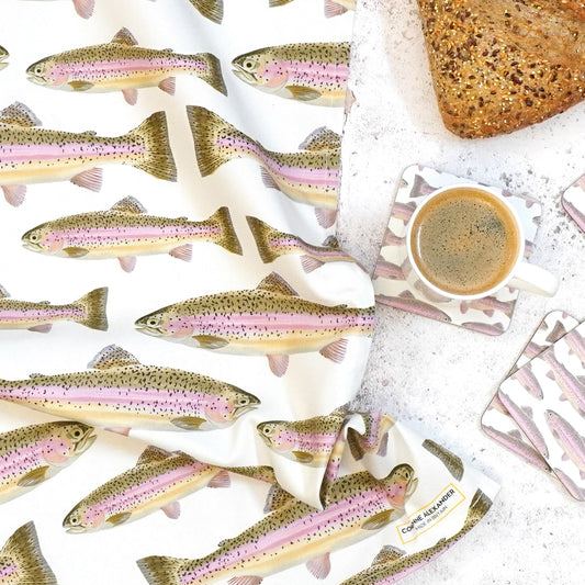 British made Rainbow Trout Tea towel and coaster Set