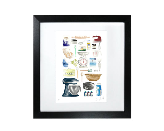 Baking ingredients and equipment featuring in an art print