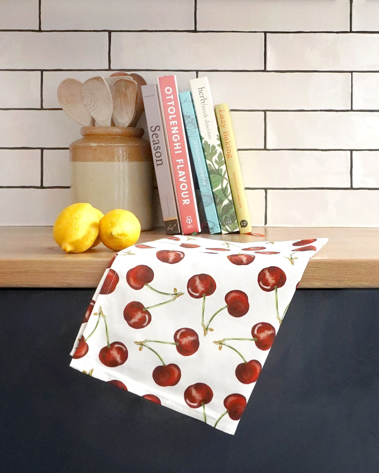 A cherry tea towel perfect creating a farmhouse style