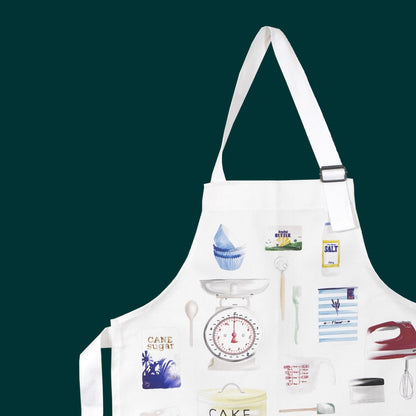 Cotton apron for a child featuring baking equipment and illustrations
