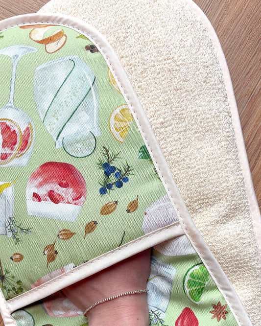 Gin Cocktail Oven Glove, Hand Drawn Illustrations & British Made