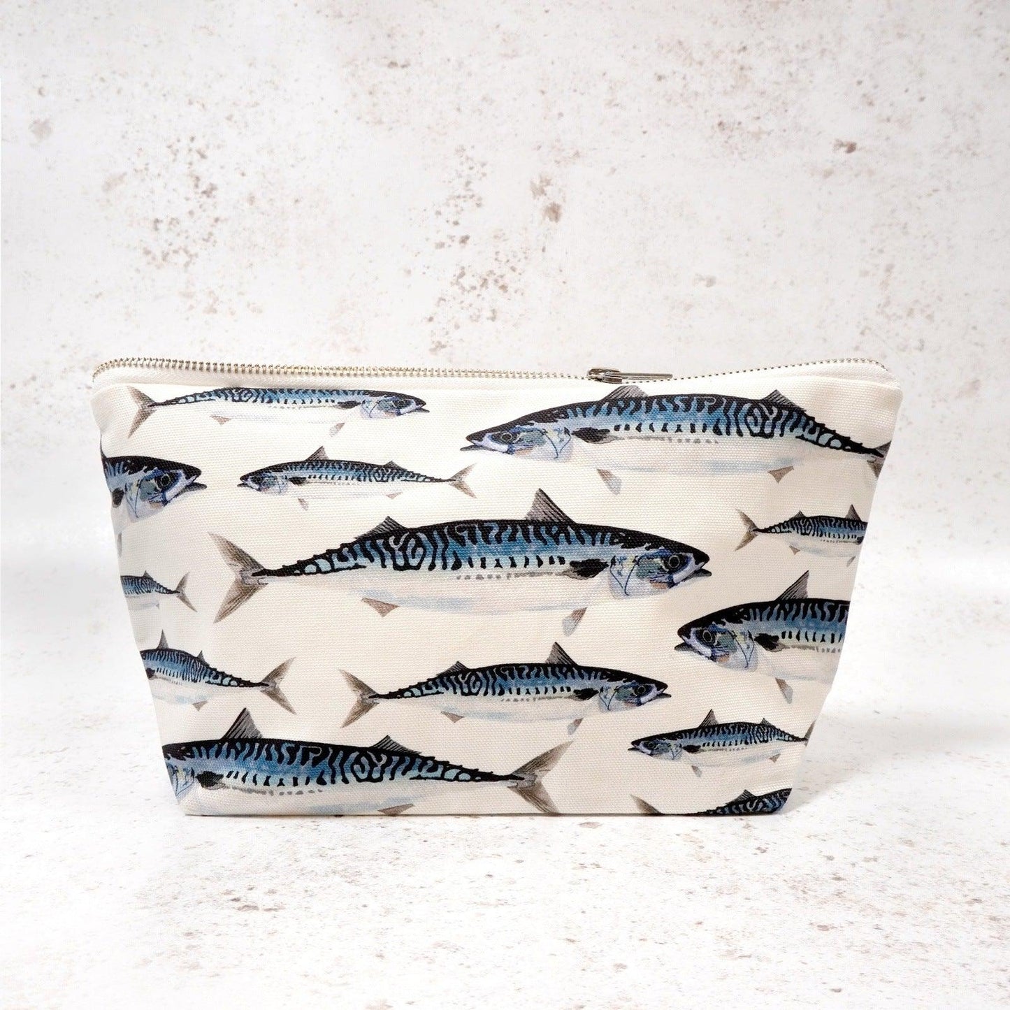 British made wash bag featuring mackerel