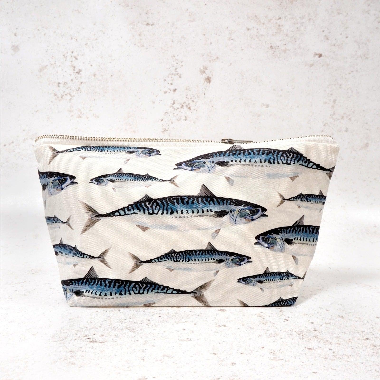 British made wash bag featuring mackerel