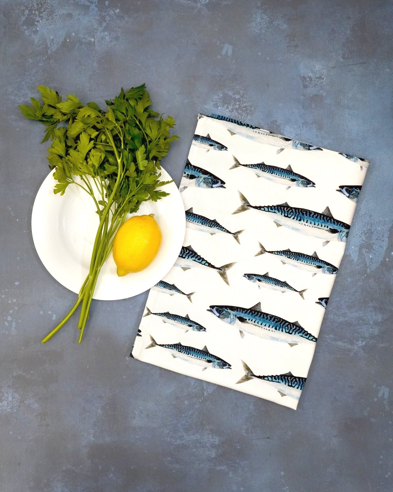 Mackerel print tea towel made in the UK