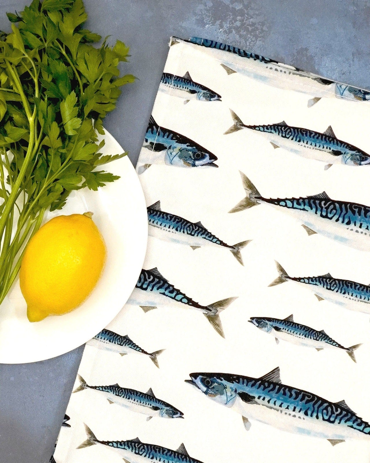 Seaside inspired mackerel tea towel