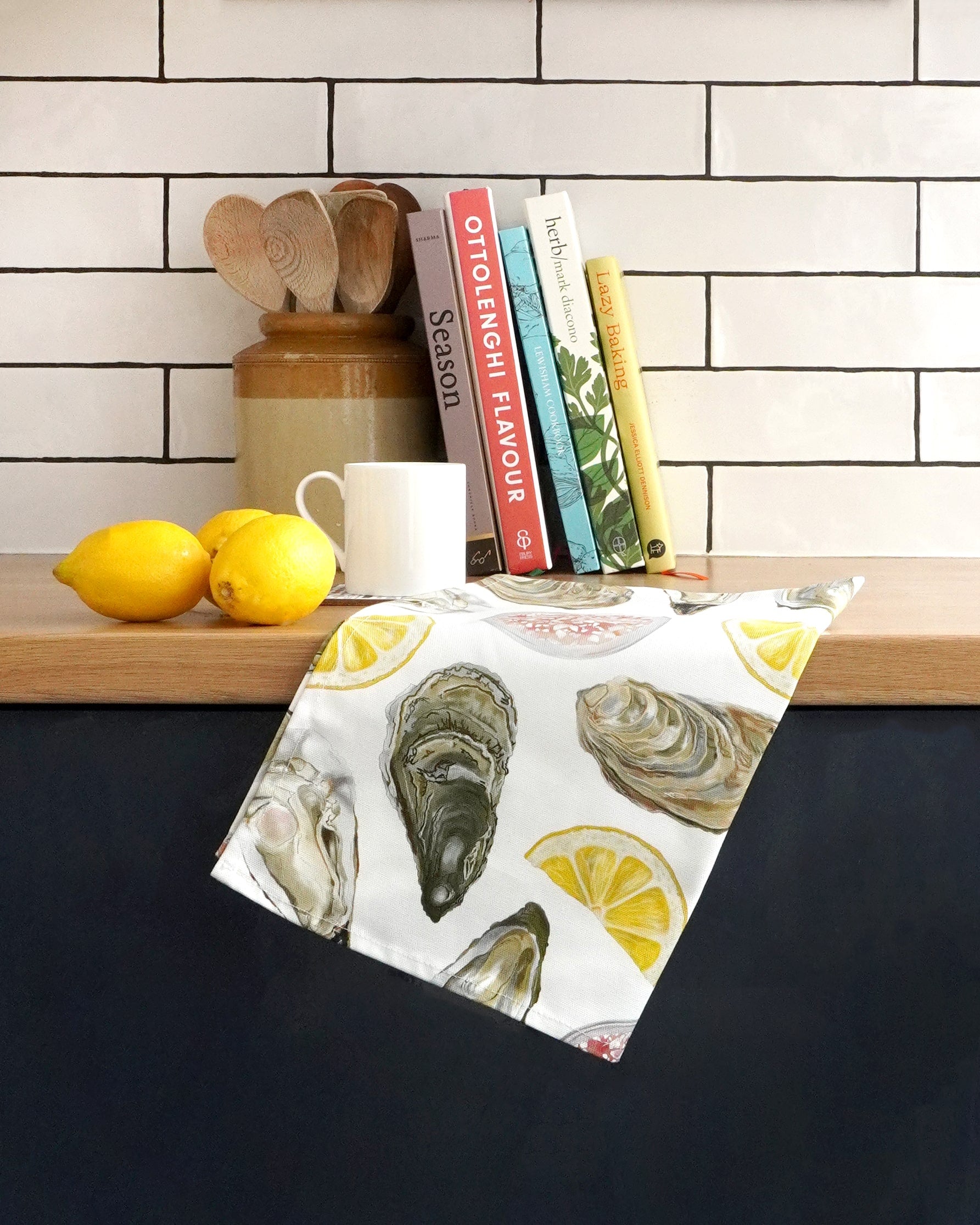 Oyster tea towel adding seaside charm