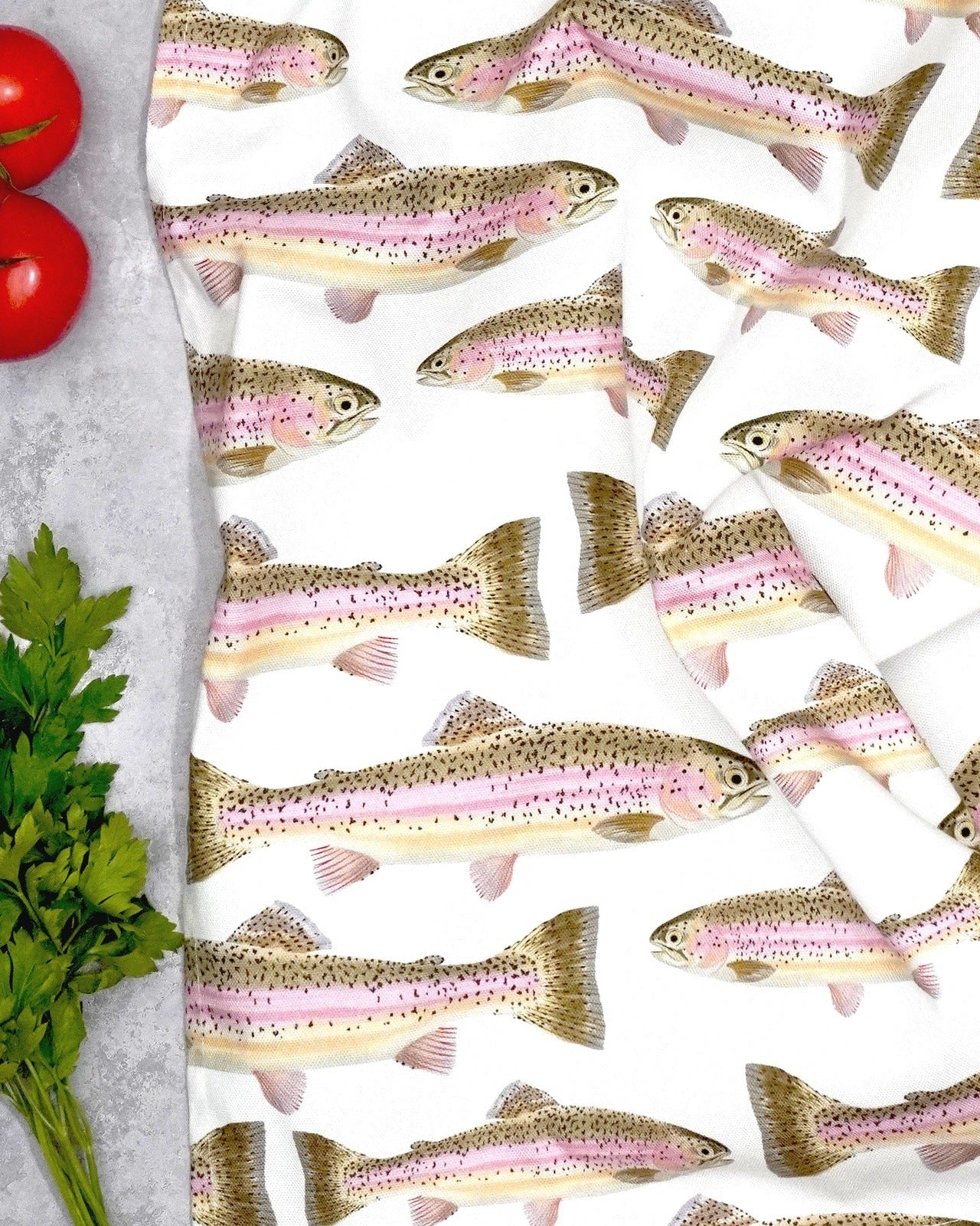 Rainbow trout tea towel made from cotton