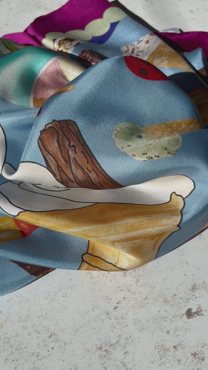 Ice cream print on silk scarf made in Britain