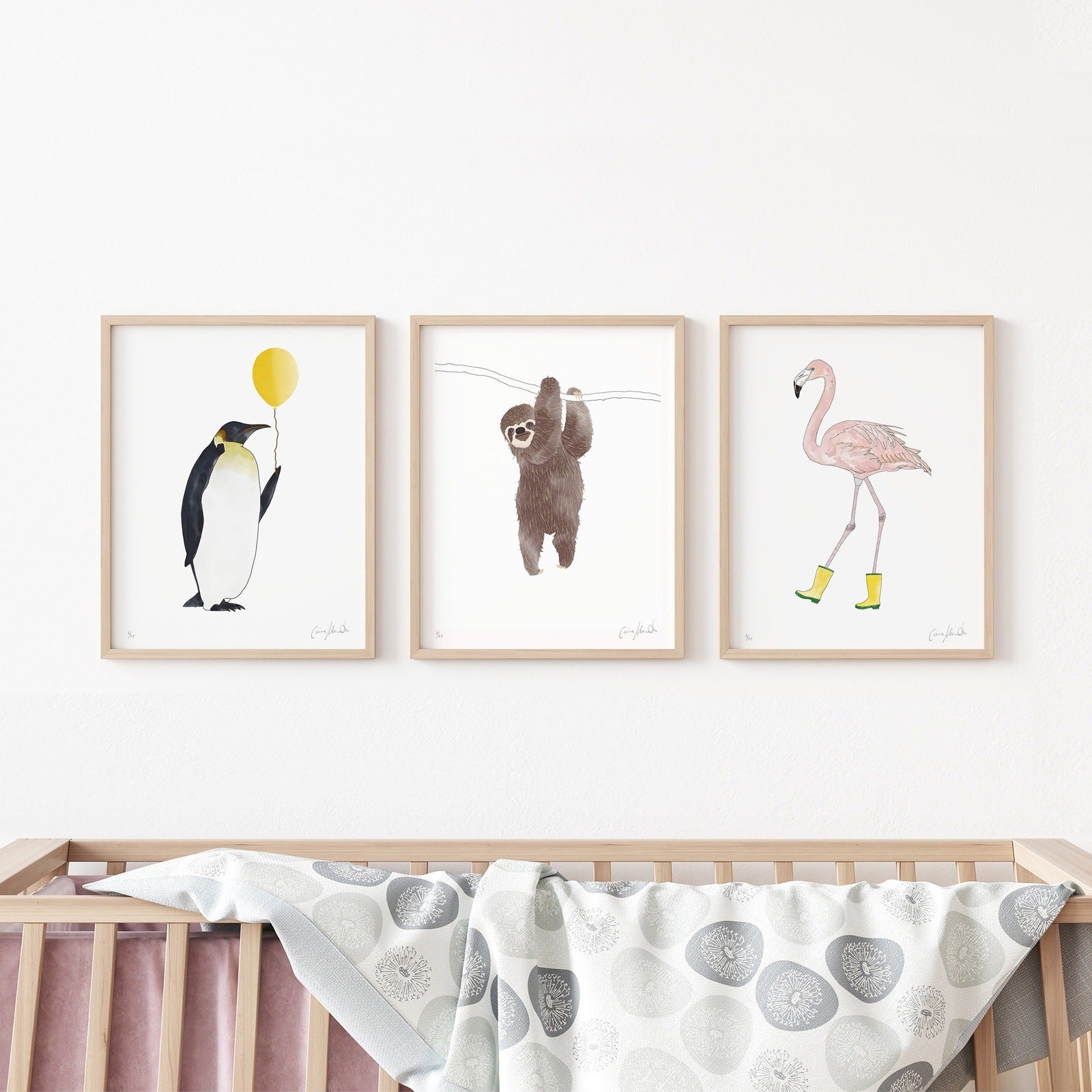 Playful Nursery Wall Prints - Penguin, Sloth, Flamingo