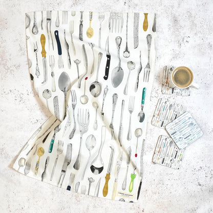 Illustrated Cutlery Tea Towel and Coaster Gift Set