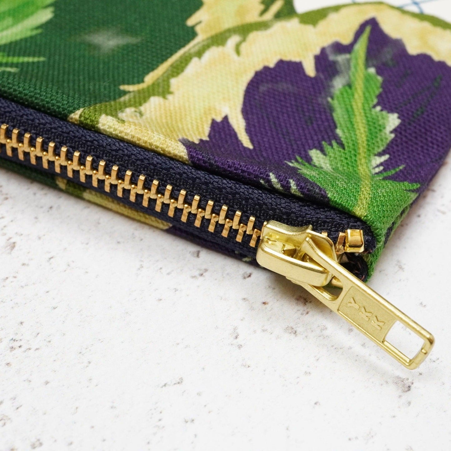 Nature inspired toiletry bag zip detail